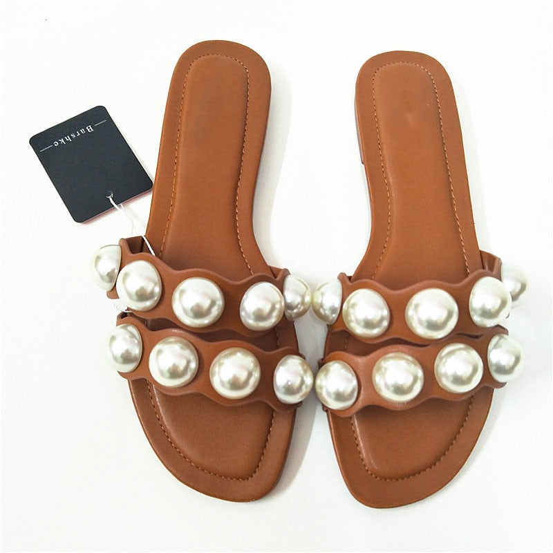 antmvs Fashion Flat Slippers Party  shoes Fulgurant Pearl Sandals thin Belt Roman Flat Women Flip Flops Casual Beach