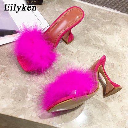 Eilyken Woman Feather Transparent High heels Fur Slippers Sandals Women Peep toe Mules Lady Pumps Slides White size 35-41