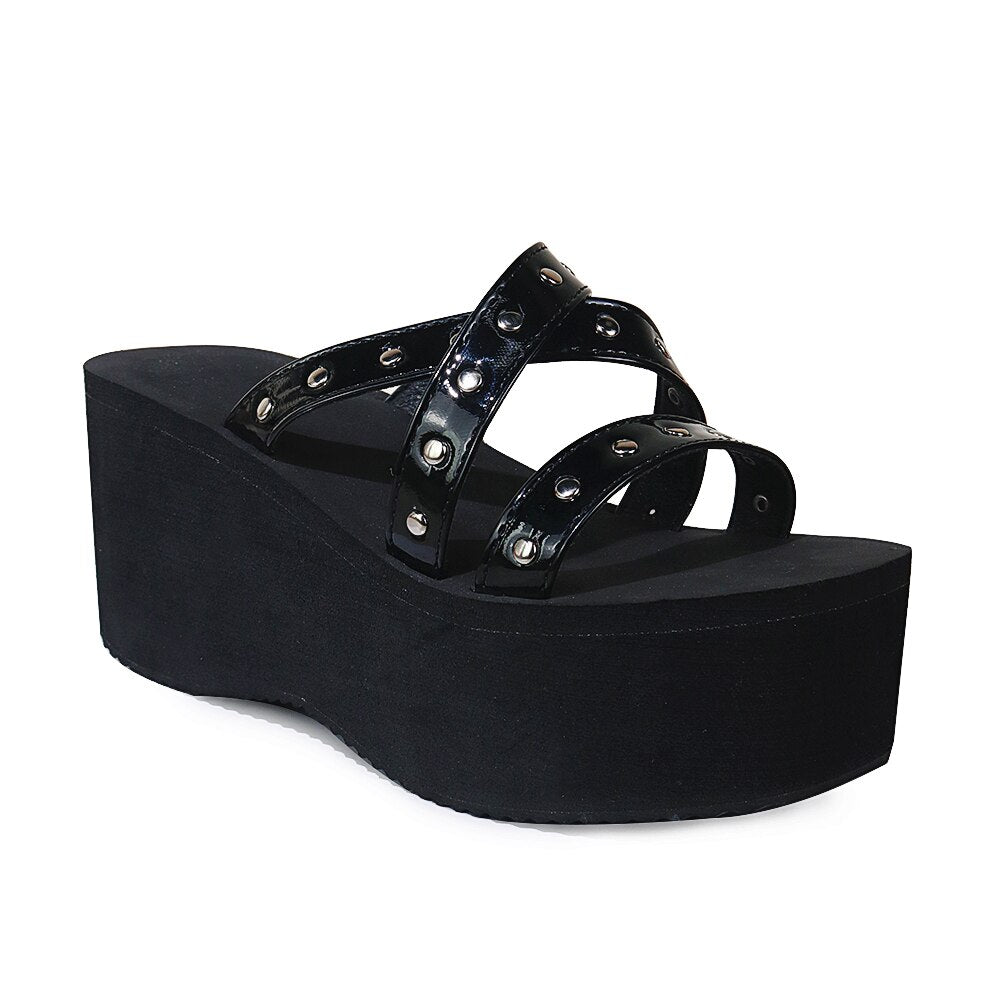 antmvs Summer  Double Strap Buckles  Platform Wedges Fashion Goth Slippers Hot Women's Matal  Sandal For Comfy  Black Shoes