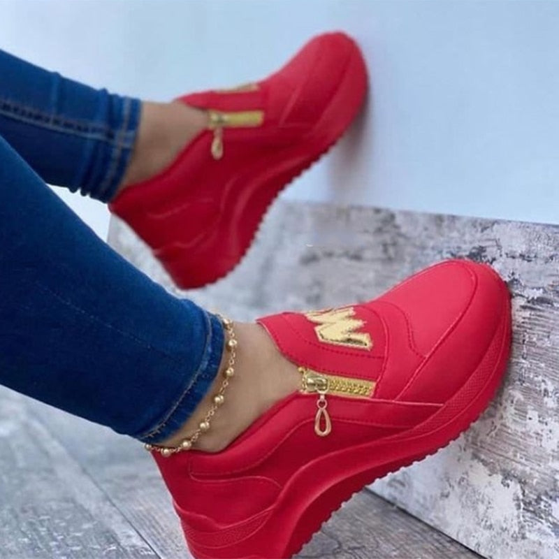 Women Sport Shoes Thick Bottom Solid Ladies Vulcanized Sneakers Casual Wedges Slip On Zipper Shoes Women Platform Sneakers