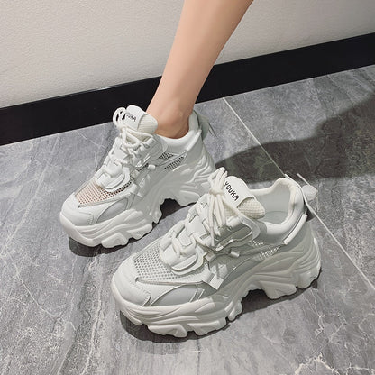 antmvs Spring Women Chunky Sneakers Fashion Solid Color Platform Shoes Lace Up Breathable Mesh Vulcanize Shoes Women Casual Shoes