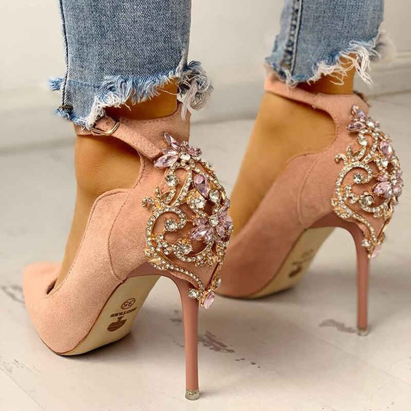 Amozae Back to College Fashion 10CM High Heels Pumps Women Luxury Design Pumps Pointed Toe Heels Metal Crystal Shoes