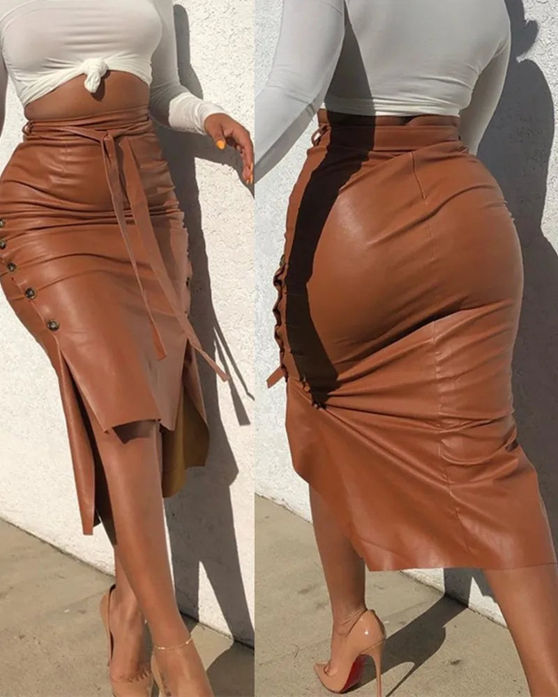 antmvs-Women Trendy PU Leather Midi Skirt Solid Color High Waist Lace-Up Side Button Ladies Slim Skinny Pencil Skirt Streetwear