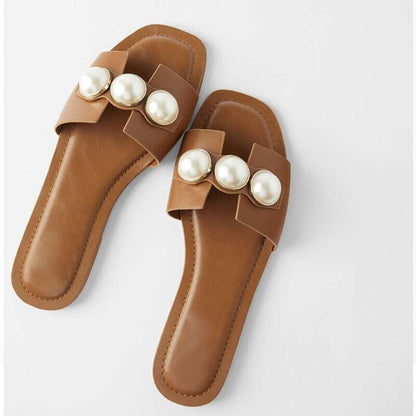 antmvs Fashion Flat Slippers Party  shoes Fulgurant Pearl Sandals thin Belt Roman Flat Women Flip Flops Casual Beach