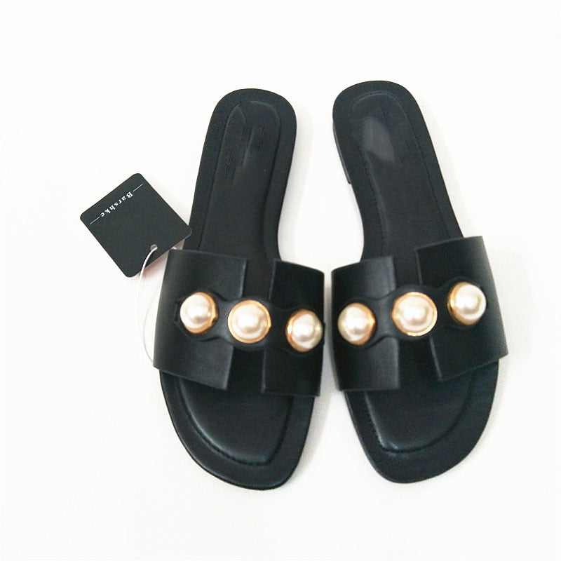 antmvs Fashion Flat Slippers Party  shoes Fulgurant Pearl Sandals thin Belt Roman Flat Women Flip Flops Casual Beach