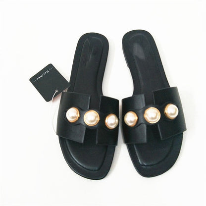antmvs Fashion Flat Slippers Party  shoes Fulgurant Pearl Sandals thin Belt Roman Flat Women Flip Flops Casual Beach