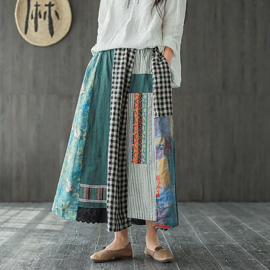 Antmvs Asymmetrical Print Casual 100% Linen A-line Skirt ( Limited Stock)