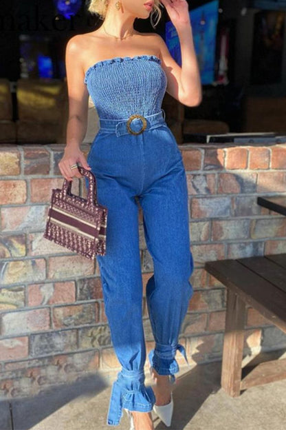 Antmvs Denim Tube Lace Up Jumpsuit(With Belt)