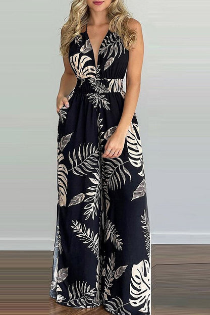 Antmvs Halter Neck Plant Print Open Back Jumpsuit