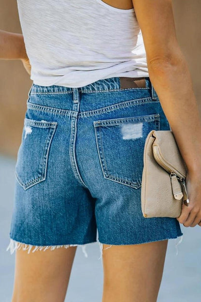 Antmvs Denim Middle Waist Irregular Ripped Shorts