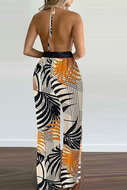 Antmvs Halter Neck Plant Print Open Back Jumpsuit