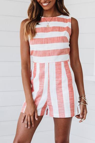 Antmvs Stripe Print Sleeveless Casual Romper