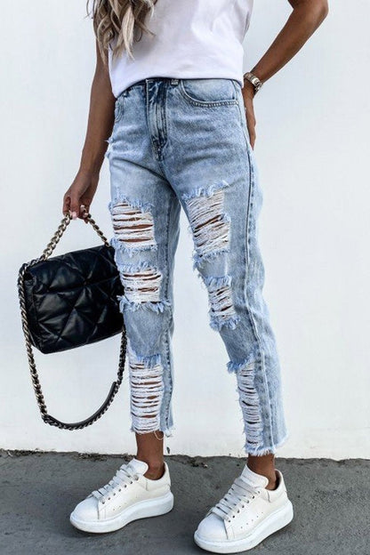 Antmvs Burrs Denim Ripped Straight-Leg Pants