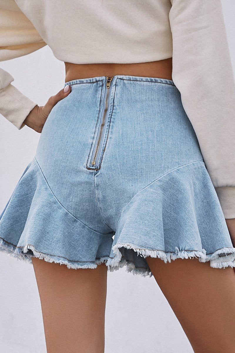 Antmvs Denim Ruffled Zipper Solid High Waist Shorts