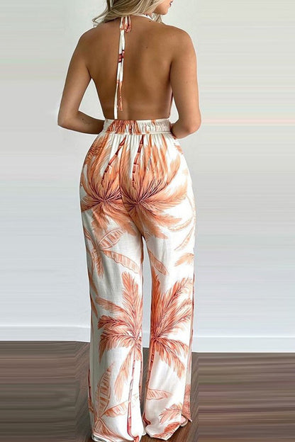 Antmvs Halter Neck Plant Print Open Back Jumpsuit