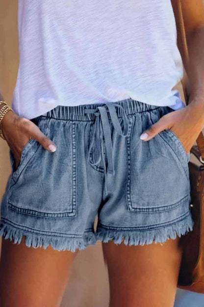 Antmvs Lace-up Fringed Thin Denim Shorts