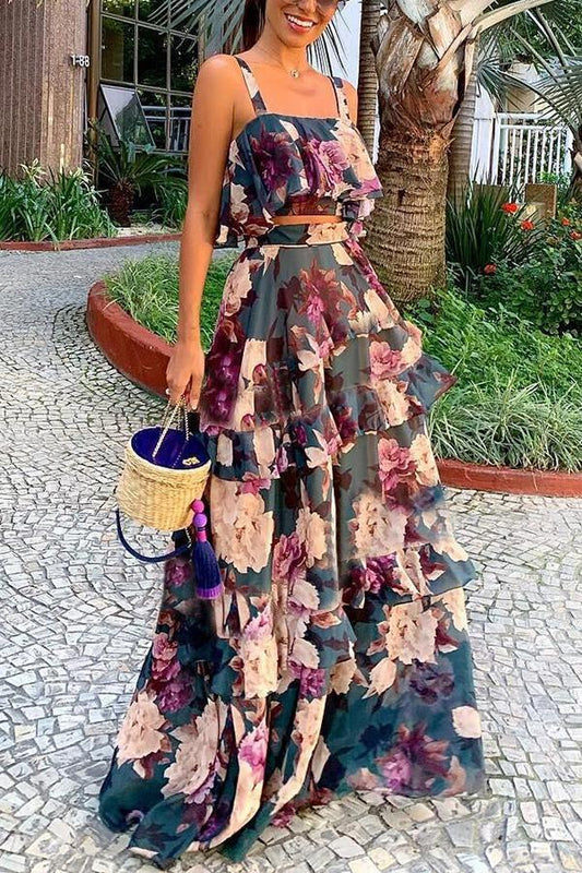 Antmvs Elegant Floral Print Princess Cake Dress Suit