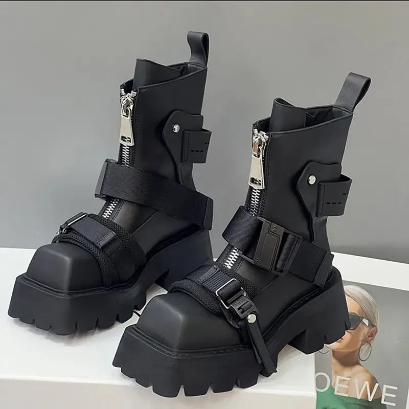 antmvs-Genuine Leather Boots Women  Tube Platform Boots Belt Buckle Design Cool Biker Botas Square Thick Bottom Head Ankle Boots