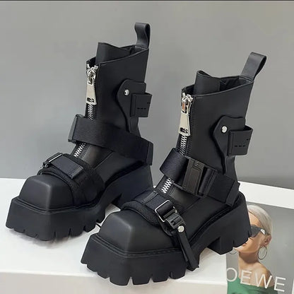 antmvs-Genuine Leather Boots Women  Tube Platform Boots Belt Buckle Design Cool Biker Botas Square Thick Bottom Head Ankle Boots