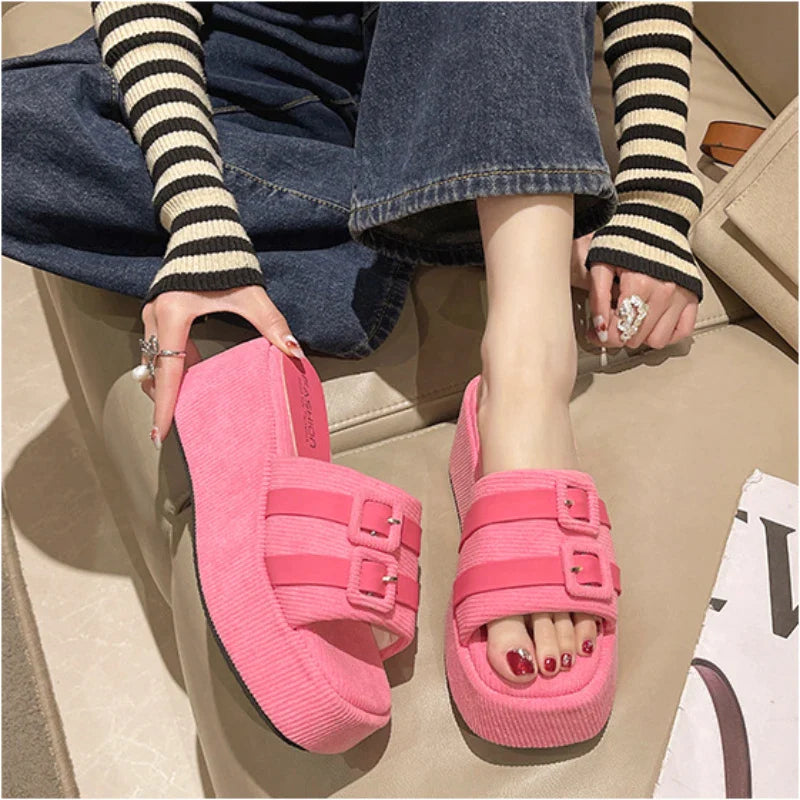 antmvs-Square Head Platform Slippers Belt Buckles Corduroy Open-toe Women Sandals Summer New  Designer Shoes Fashion Wedge Sandals