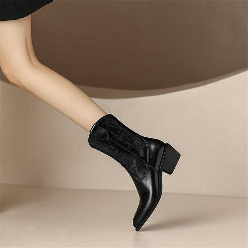 Amozae 2022 Autumn New Pointed Toe Embroidered Western Cowboy Boots Fashion Women Shoes Female High Heels Chunky Heels Shoes For Women