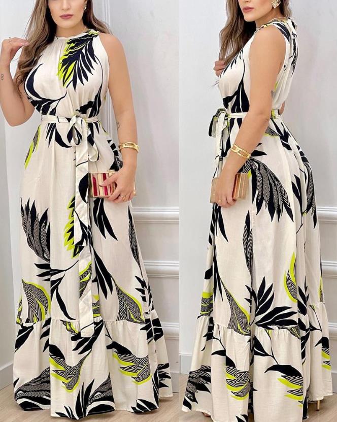 antmvs Dresses for Women  Spring Fashion Leaf Print Sleeveless Casual O-Neck Maxi Daily Vacation Dress with Belt