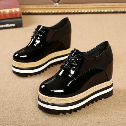 antmvs Brand Spring Casual Solid Women Shoes Patent Leather Lace-Up Loafers Platforms Sneakers British Style Ladies Oxfords W4