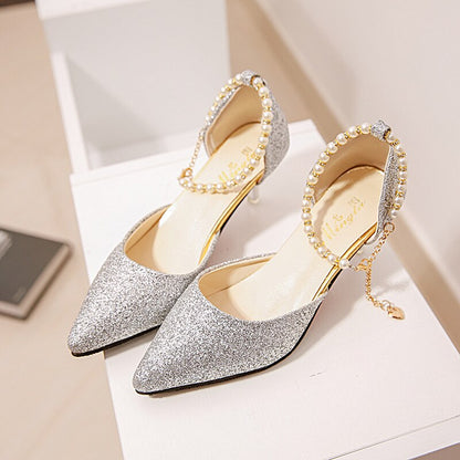 Amozae   Pointed toe Pearl High heels shoes Female Fashion hollow with Sandals Paillette of the Thin Breathable shoes Women Pumps