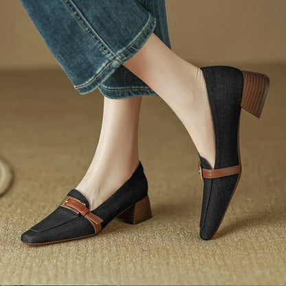 antmvs-Retro Denim Mid-heel Loafers Women Pumps Belt Buckle Square Head Shallow Casual Women Shoes Blue Comfort Chunky Mule Shoes Women