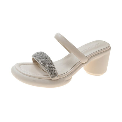 antmvs Fashion Crystal Women Sandals Summer  New Round Heels Gladiator Sandals Woman Beige PU Leather High Heeled Slippers