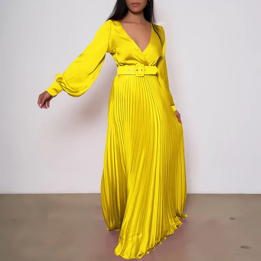 antmvs-Women Sexy Deep V-neck Swing Pleated Long Dress Spring High Waist Tie-up Belted Maxi Dress Autumn Long Sleeve Boho Party Dresses