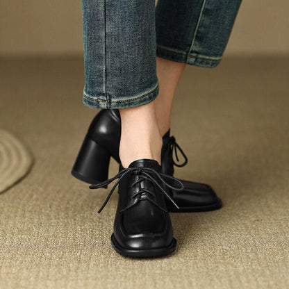 antmvs  Spring Women Loafers Split Leather Pumps Women Round Toe Square Heel Women Shoes Casual High Heel Shoes Women Lace-up Shoes