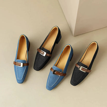 antmvs-Retro Denim Mid-heel Loafers Women Pumps Belt Buckle Square Head Shallow Casual Women Shoes Blue Comfort Chunky Mule Shoes Women