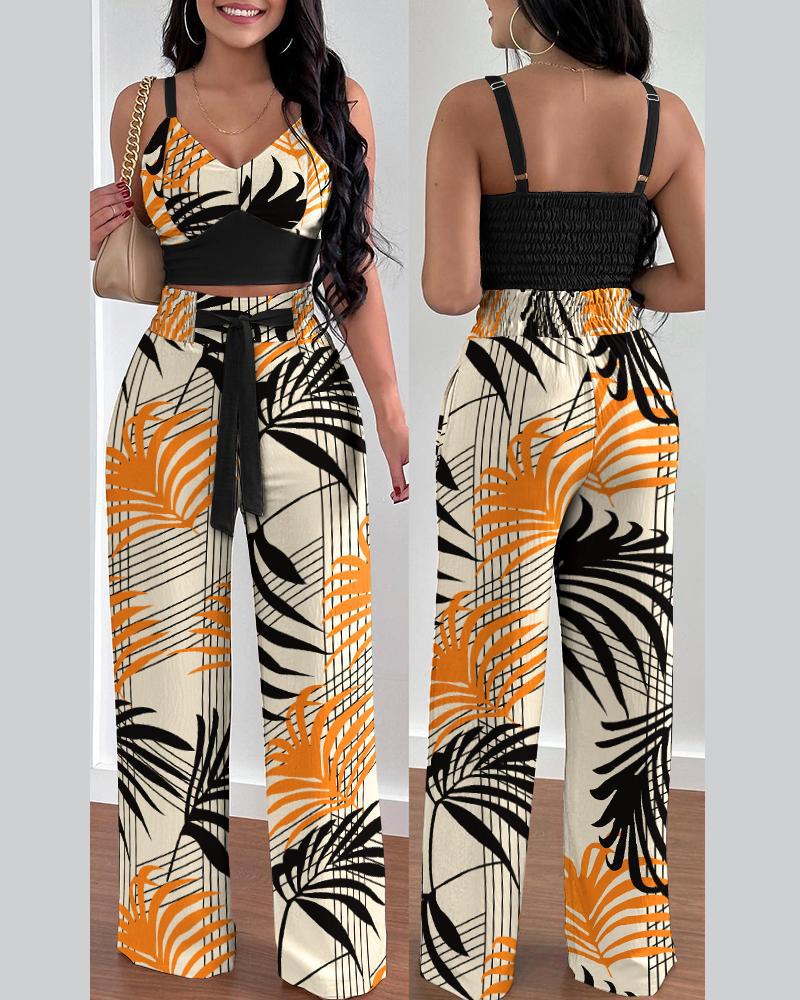 antmvs Two Piece Sets Womens Outifits Summer Fashion Printed Suspenders V Neck Sleeveless Crop Top & Casual Wide-Leg Long Pants Set