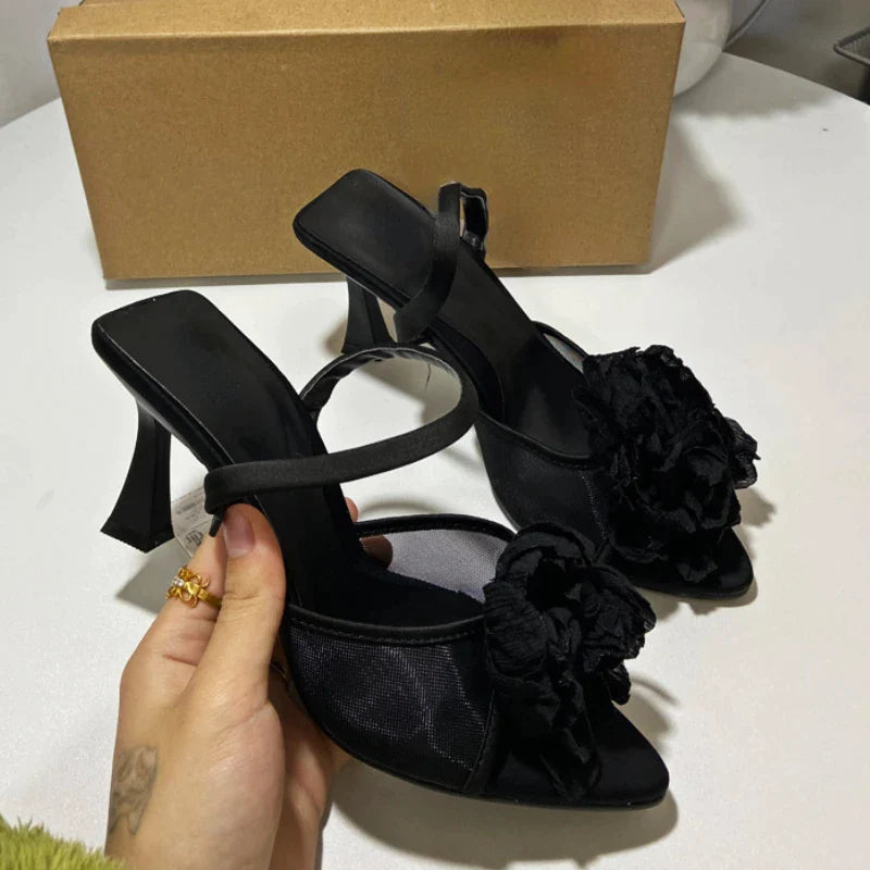 antmvs-Flowers Slingback High Heels Women Pointed Fine Heel Sandals Women Open-toe Black Mesh Floral Party Dress Slippers Women Pumps