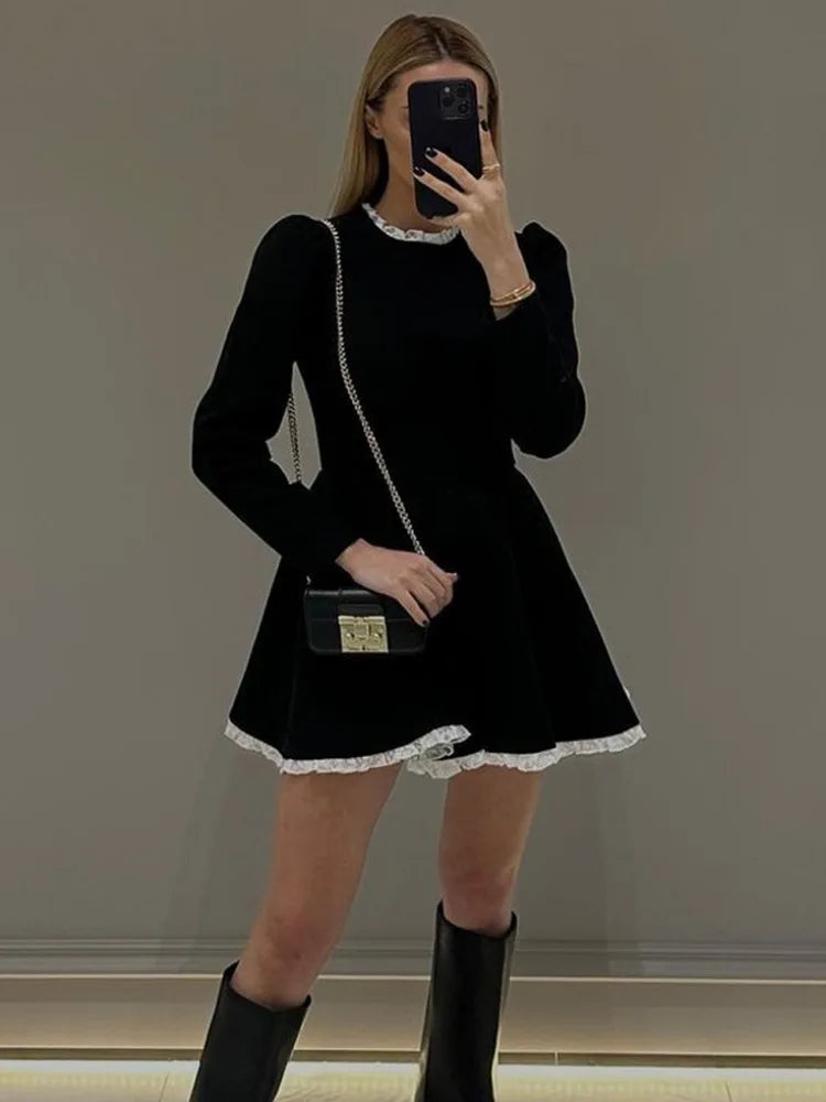 antmvs- Splice Lace Mini Dress For Women High Waist Slim Elegant Dresses Femme Wedding Retro Temperament Dress Womens Clothes New