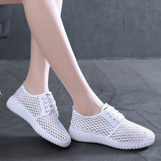 antmvs Womens Shoes Hollow Out Breathable Lace Up Flats Breathable Mesh Lightweight Shoes Casual All-match Sneakers Zapatos De Mujer