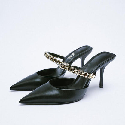 Amozae  Pointed Ladies Mary Jane Design Elegant Mules Slingback Women's Sandals Summer Chain Pumps High Heels Female Stiletto