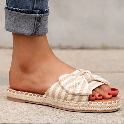 Back to school antmvs  Women's Bow Slippers  Summer Ladies Sandals Flat Woman Stripe Open Toe Slides Female Beach Shoes Women Slip On Footwear