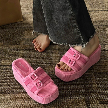 antmvs-Square Head Platform Slippers Belt Buckles Corduroy Open-toe Women Sandals Summer New  Designer Shoes Fashion Wedge Sandals