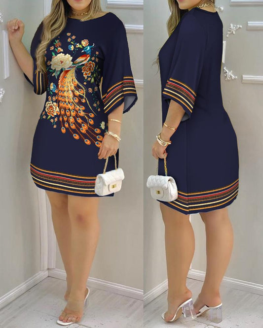 antmvs Women's Dresses  Spring Fashion Peacock Print Casual Round Neck Long Sleeve Daily Mini Loose Dress