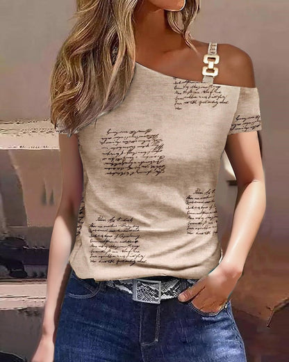 antmvs Top Women  Summer Fashion Simple Metal Buckle Oblique Collar Casual Short-Sleeved Printed T-Shirt Top Y2K Clothes