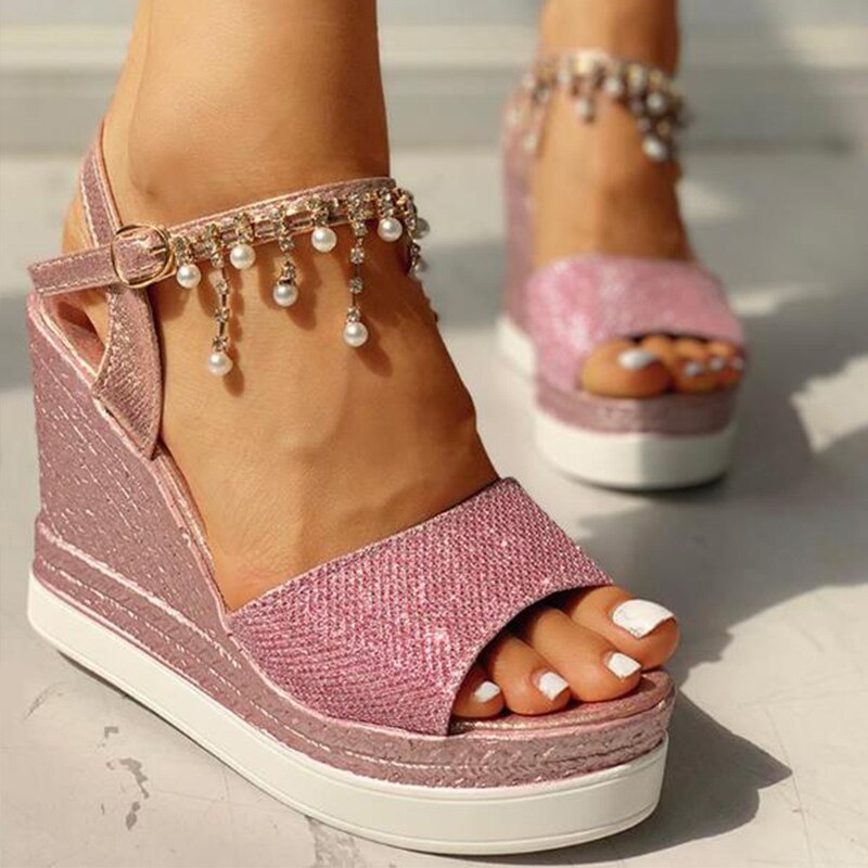 antmvs New Women Wedge Sandals Summer Bead Studded Detail Platform Sandals Buckle Strap Peep Toe Thick Bottom Casual Shoes Ladies