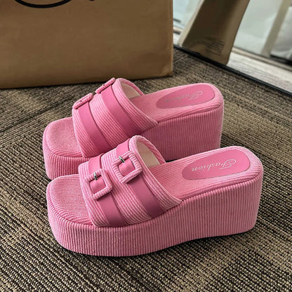 antmvs-Square Head Platform Slippers Belt Buckles Corduroy Open-toe Women Sandals Summer New  Designer Shoes Fashion Wedge Sandals