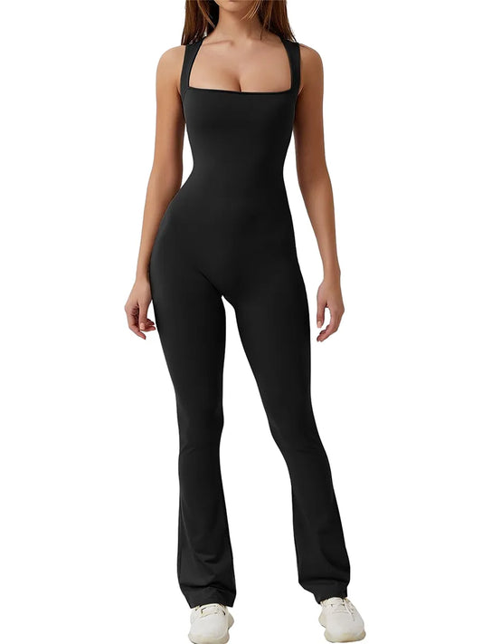 antmvs-Women's Full-Length Tank Slim and Sexy Jumpsuit Solid Color Long Sleeve Low Cut Square Neck Bodycon Romper for Yoga