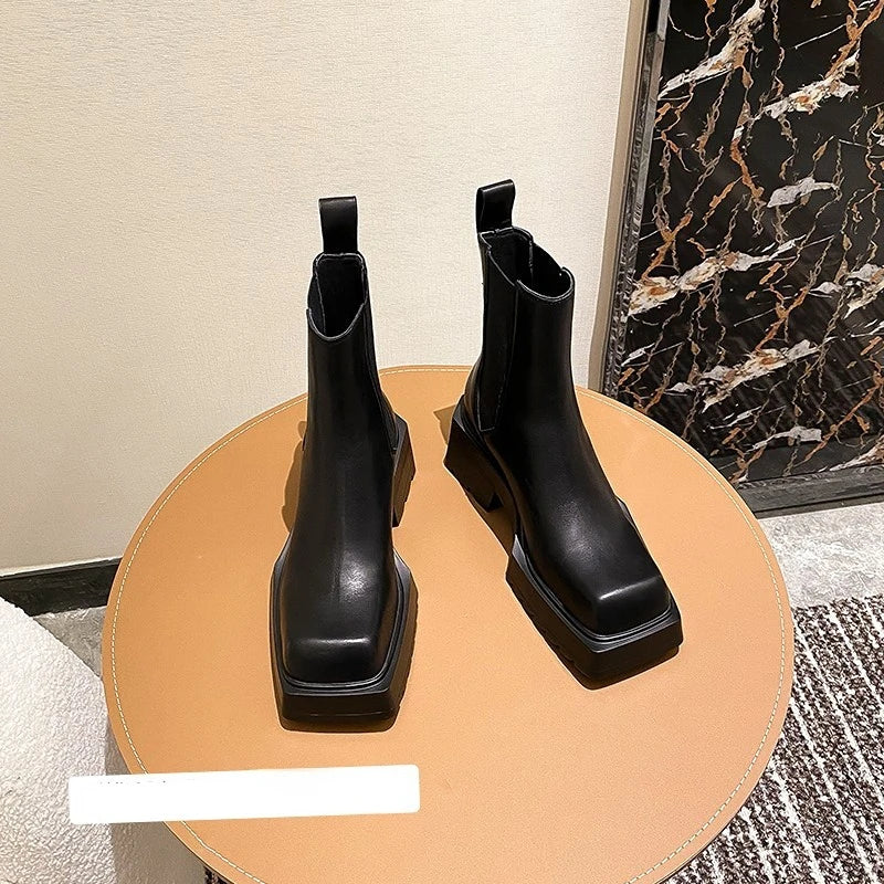 antmvs-Genuine Leather Women Nude Boots New Chunky Heel Chelsea Boots Square Toe High Heeled Short Boots Designer Fashion Women Boots