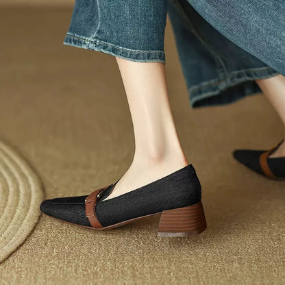 antmvs-Retro Denim Mid-heel Loafers Women Pumps Belt Buckle Square Head Shallow Casual Women Shoes Blue Comfort Chunky Mule Shoes Women