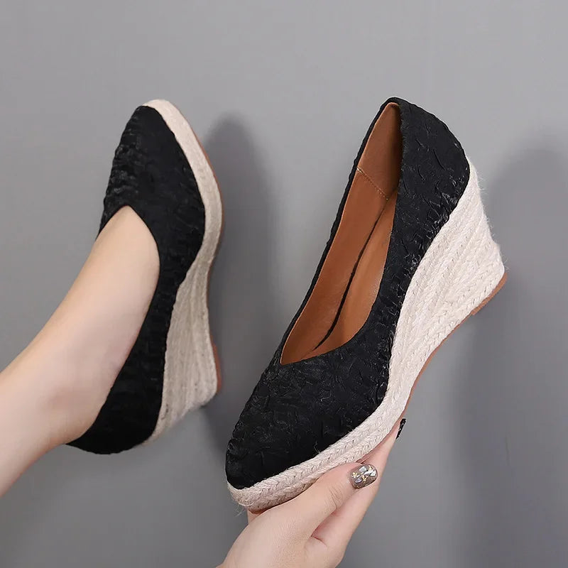 antmvs-New Pointed Shallow Mouth Women Wedge Heel Thick Sole Single Shoes Women Straw Woven Twine rope sole Spring Autumn Shoes