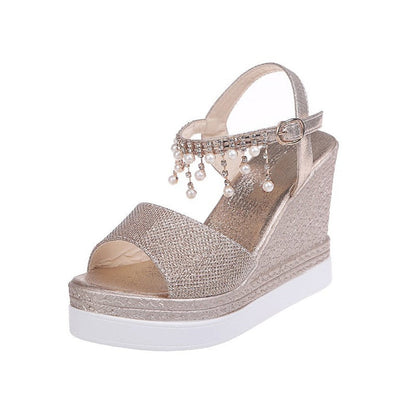 antmvs New Women Wedge Sandals Summer Bead Studded Detail Platform Sandals Buckle Strap Peep Toe Thick Bottom Casual Shoes Ladies