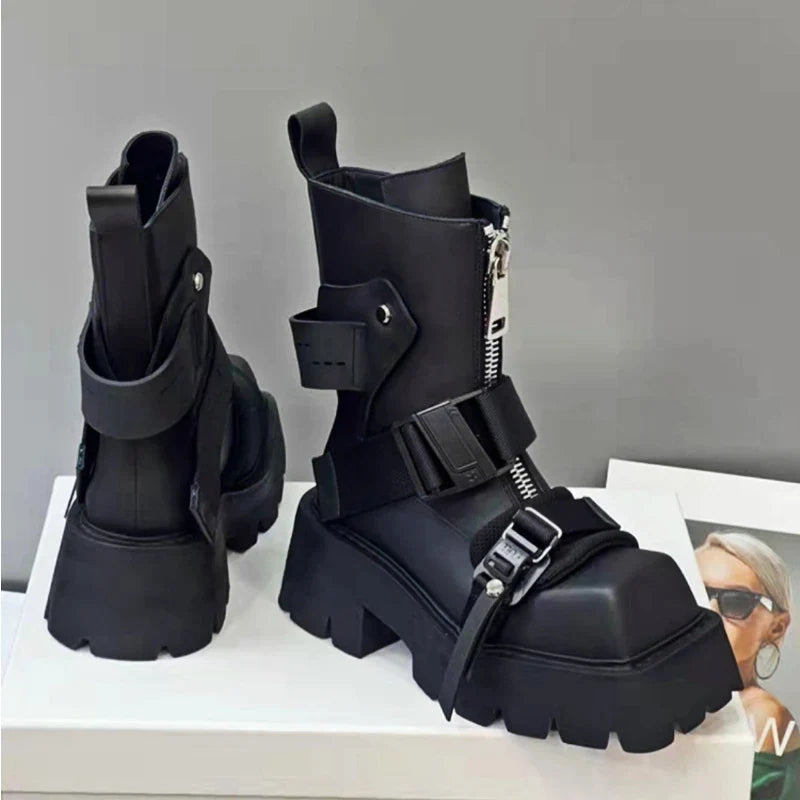 antmvs-Genuine Leather Boots Women  Tube Platform Boots Belt Buckle Design Cool Biker Botas Square Thick Bottom Head Ankle Boots